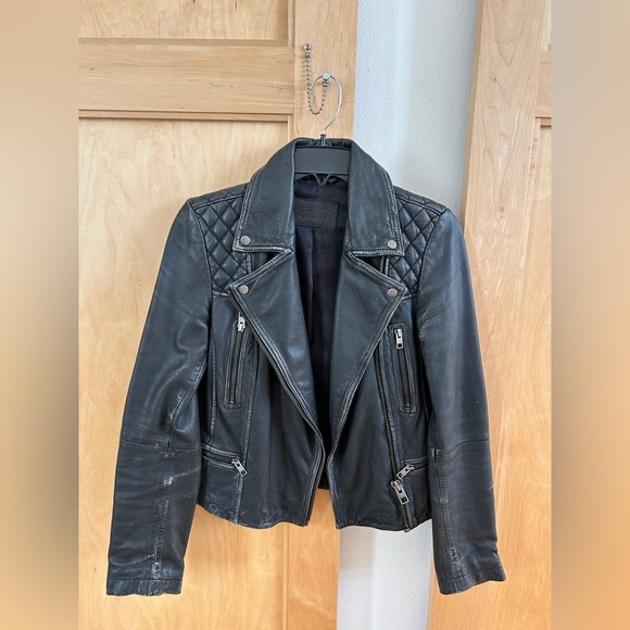 All Saints Cargo Distressed Leather Biker Jacket - Picture 2 of 11